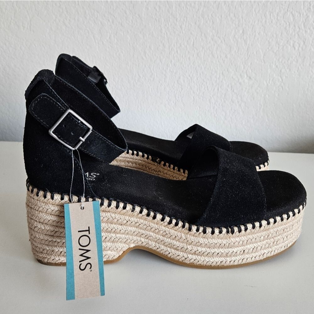 NEW Toms | Laila Espadrille Platform Sandal Black Suede, Womens 9.5 - Picture 2 of 7